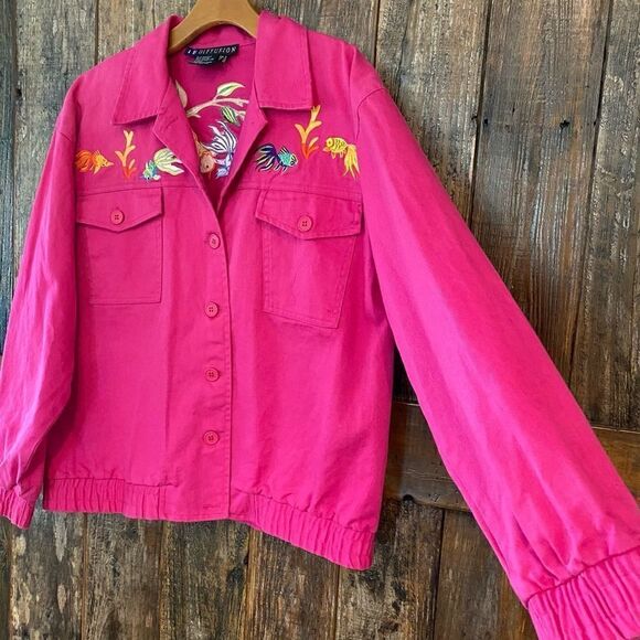 I.B. Diffusion Sz 8 Fuschia Pink Heavy Embroidered Koi Fish Vintage Jacket - Picture 6 of 12